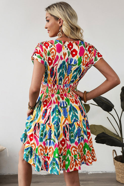 Bohemian Abstract Print V Neck Smocked Waist Tiered Ruffle Mini Dress